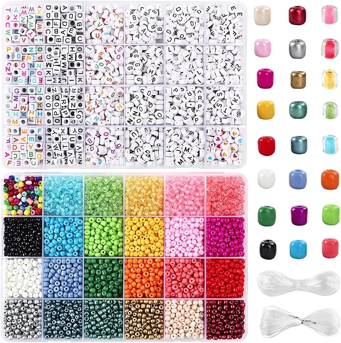 7600pcs Friendship Bracelet Kit Including 6000pcs 4mm Glass Seed Beads and 1600pcs Letter Beads for Bracelet Making, Jewelry Making and Crafts with 20m Crystal String and 30m Elastic String