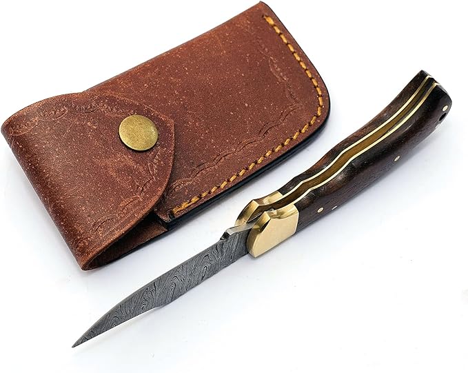 6.5" Handmade Damascus Steel Folding Hunting Knives For Men, Pocket Knife For Camping, Survival, Skinning And Outdoor Activities With Leather Sheath. (Rosewood)