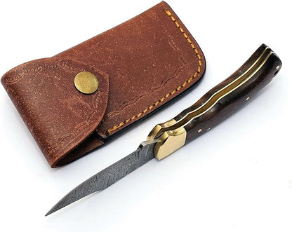 6.5" Handmade Damascus Steel Folding Hunting Knives For Men, Pocket Knife For Camping, Survival, Skinning And Outdoor Activities With Leather Sheath. (Rosewood)