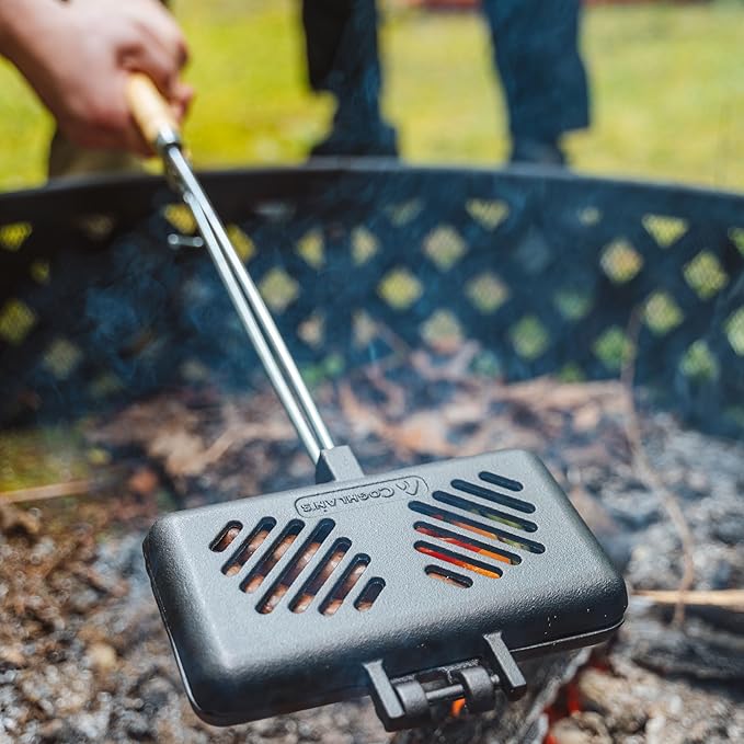 Coghlan's Pre-Seasoned Cast Iron Broiler with Removable Handles, Break-Apart Hinge – Ideal for Grilling Burgers, Steaks, and Roasting Vegetables Over Campfires or BBQs – Compact and Easy to Clean