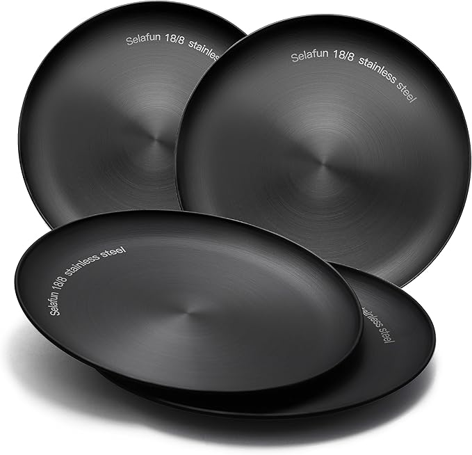 Stainless Steel Plates Metal 18/8 Round Dinner Plates - Set of 4 - Food-Grade Dishwasher Safe 9inch Salad Plates for Camping Kids Dining Outdoor (Black)