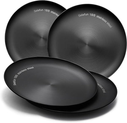 Stainless Steel Plates Metal 18/8 Round Dinner Plates - Set of 4 - Food-Grade Dishwasher Safe 9inch Salad Plates for Camping Kids Dining Outdoor (Black)