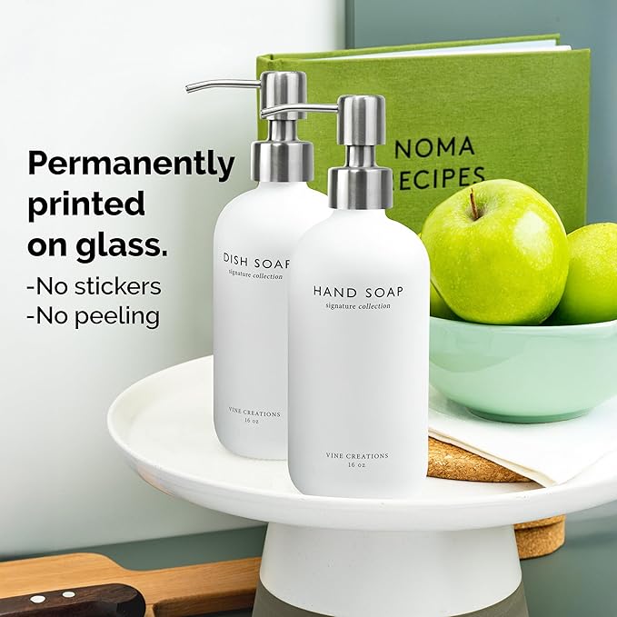 Vine Creations White Glass Soap Dispenser Set, Dish Soap and Hand Soap