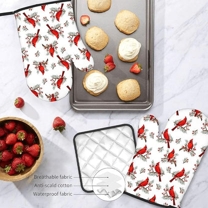 Christmas Cardinal Birds Oven Mitts and Pot Holders Sets of 3, Cardinal Birds