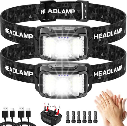 Headlamp Rechargeable,2 Pack 2000 Lumen Super Bright Led Headlamp,16 Modes Motion Sensor Head Lamp,Ipx6 Waterproof Lightweight Headlight,White Red Flashlight For Fishing Camping Hunting Essentials