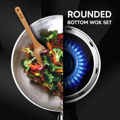Helen's Asian Kitchen Round Bottom Wok Set, Carbon Steel and Bamboo, 12-Inches, 4-Piece Set