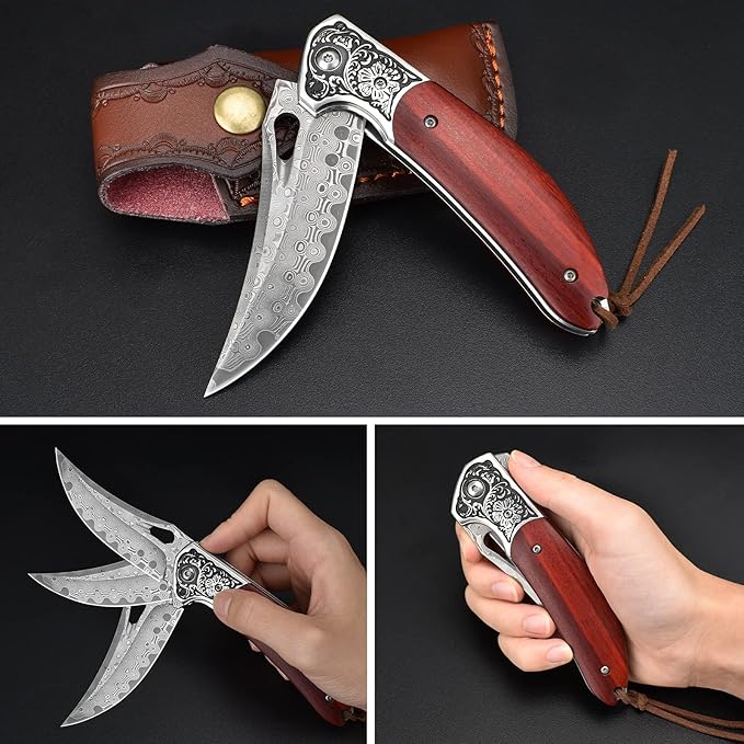 KOMWERO Damascus Pocket Knife for Men Women, Sharp VG10 Core Damascus Steel Knife for Outdoor Camping Survival Hunting - Wood Handle, Ball Bearing, Leather Sheath, Liner Lock