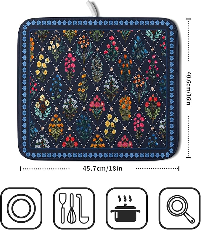 Lapis Blue Dish Drying Mat for Kitchen Counter Flowers Microfiber Absorbent