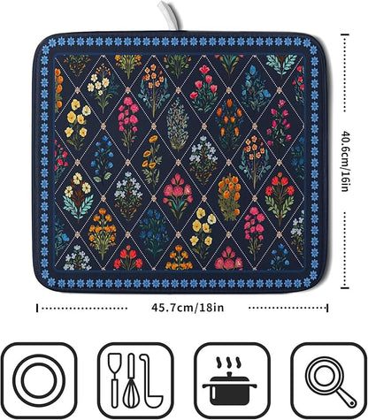 Lapis Blue Dish Drying Mat for Kitchen Counter Flowers Microfiber Absorbent