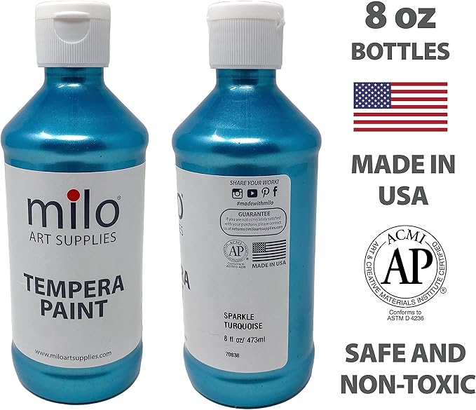 milo Washable Paint for Kids | Sparkle Pearlescent Tempera | Set of 8 Colors 8 oz Bottles | Made in the USA | Washable and Non-Toxic Glitter Art & Craft Poster Paints for Children, Toddlers, Classroom, School, Project