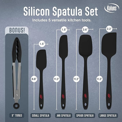 Kaluns Silicone Spatula Set, 4 Rubber Spatulas 600°F Heat Resistant, Nonstick Seamless Design with Stainless Steel Core, Dishwasher Safe, BPA free, Bonus Tongs Included
