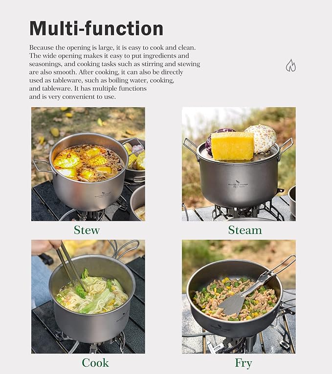 iBasingo 1.2L Titanium Soup Pot with Lid Camping Cookware with Foldable Handle Portable Lightweight Outdoor Kitchen Cooking Kit Backpacking Hiking Picnic Fishing Mountaineering Ti2106C (1 pc)