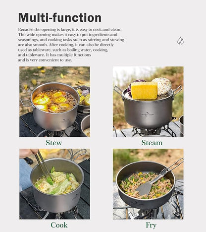 iBasingo 1.2L Titanium Soup Pot with Lid Camping Cookware with Foldable Handle Portable Lightweight Outdoor Kitchen Cooking Kit Backpacking Hiking Picnic Fishing Mountaineering Ti2106C (1 pc)