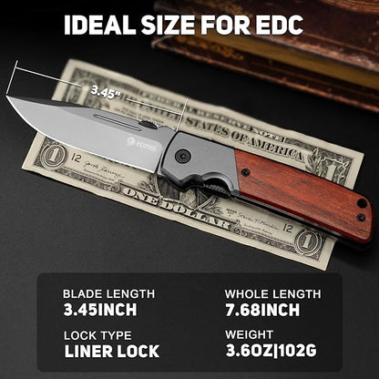 NedFoss DA52 Pocket Knife for Men, 3.5" Compact EDC Knife, Lightweight Camping Folding Knife with Clip, Rosewood Handle with Aluminium Bolster, Liner Lock