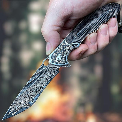 TACTICAL GEARZ Damascus Pocket Knife, Ebony Handle w/Carved Steel Head, Multi-Layered Damascus Steel VG10 Blade, Includes Stitched Leather Sheath (Kratos XT)
