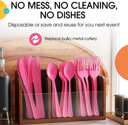 Party Solids Hot Pink Plastic Silverware Heavy Duty 300 Pieces Hot Pink Plastic Cutlery Sets, Utensil Sets, 100 Of Each Forks, Knives & Spoons Disposable Cutlery Set, Flatware Set For Party Supplies