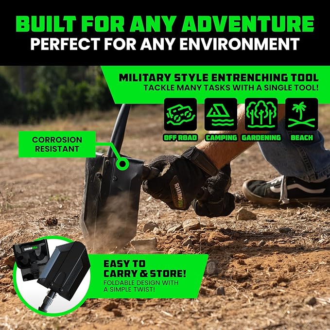 Rhino USA Survival Shovel w/Pick - Heavy Duty Carbon Steel Military Style Entrenching Tool for Off Road, Camping, Gardening, Beach, Digging Dirt, Sand, Mud & Snow. (Recovery Shovel)