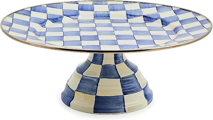 MACKENZIE-CHILDS Enamel Pedestal Platter, Round Cake Stand, Large, Blue-and-White Royal Check