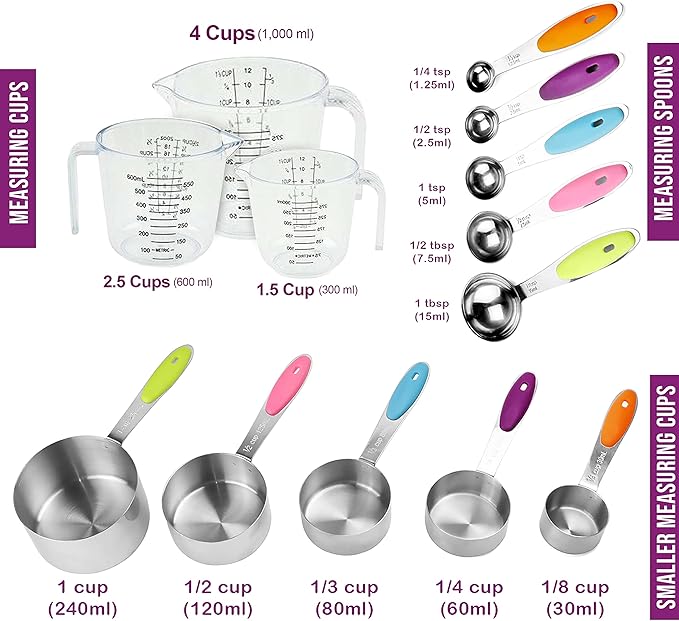 Measuring Cups and Spoons Set 13 Piece. Includes 10 Stainless Steel Measuring
