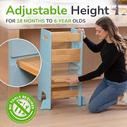 OCODILE Toddler Tower with a Sliding Door and 3 Adjustable Heights - Complete Toddler Kitchen Stool Helper with Support Feet - Safe Design for 18+ Months to 6-Year-Old Kids - Blue