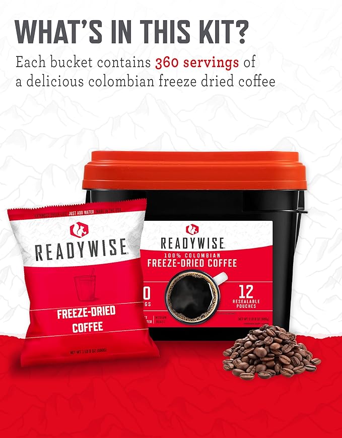 ReadyWise Emergency Food Supply - 360 Servings Freeze Dried Coffee Bucket, Survival Food, Instant Coffee Packets for Backpacking, Camping Essentials & Prepping Supplies, up to 15 Year Shelf Life