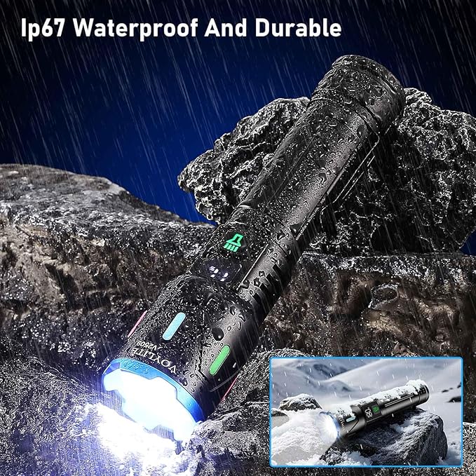 Flashlight High Lumens - 10000 Lumen, Rechargeable 5000mAh with LCD Power Display, IPX7 Waterproof, 3 Modes & Zoomable (1500m), Belt Clip for Camping, Hiking, Emergency