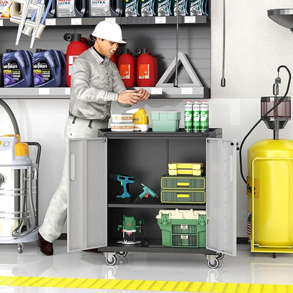 Metal Storage Cabinet with Wheels, Rolling Tool Cabinet with Doors and Shelves