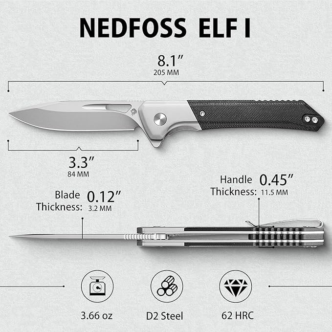 NedFoss ELF Pocket Knife, 3.3" D2 Blade EDC Knife with G10 Handle, Flipper Open, Deep Carry Pocket Clip, Lightweight Slim Utility Folding Knives for Men Women
