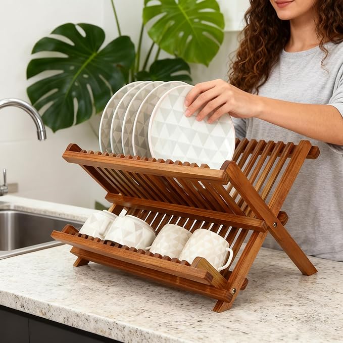 Utoplike Teak Dish Drainer Rack Collapsible 2 Tier Dish Rack Dish Drying Rack