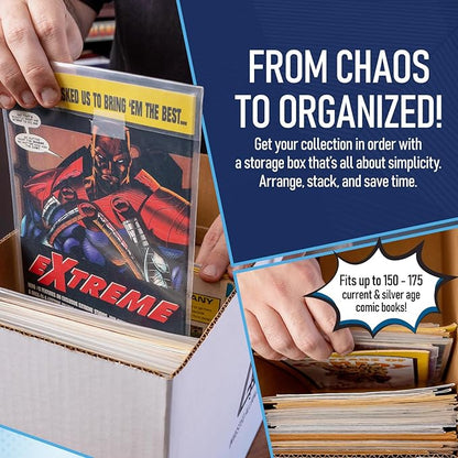 Bundle Set - Premium Short Comic Book Storage Box (3 Pack - White). Thick Cardboard Comic Book Box/Cabinet. Comics Books Bin for 150-175 Collectibles & White Comics Books Dividers (25 Pack)