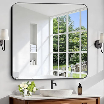 Black Bathroom Mirror, 38x40 inch Aluminum Metal Frame Rectangular Vanity Mirror