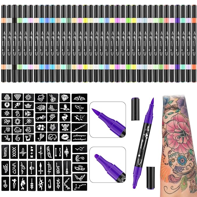 Ponhey Temporary Tattoo Markers for Skin, 36 Body Markers+67 Large Tattoo Stencils,Dual-End Tattoo Pens,Fine Lines with Cosmetic-Grade,Flexible, Skin-Safe Face Paint Kit for Kids Teenage Adults