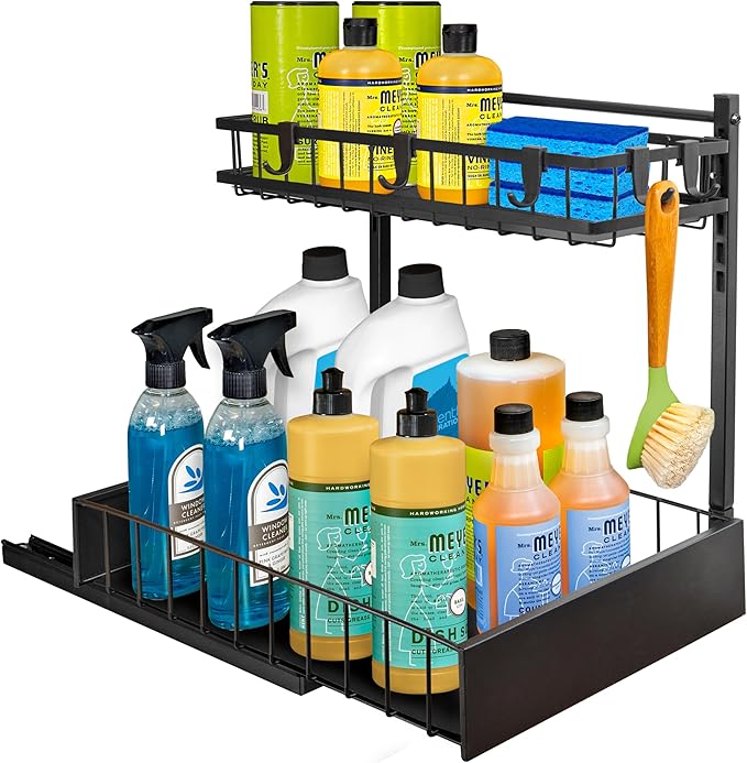 LYNK PROFESSIONAL® Pull Out Under Sink Kitchen Cabinet Organizer - 10" W x 14" D 2-Tier Drawer - Sliding Shelf Organizer for Cabinets and Undersink Storage Shelves - Lifetime Ltd. Warranty – Black