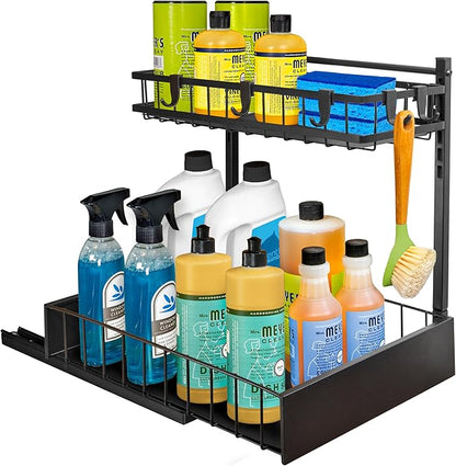 LYNK PROFESSIONAL® Pull Out Under Sink Kitchen Cabinet Organizer - 10" W x 14" D 2-Tier Drawer - Sliding Shelf Organizer for Cabinets and Undersink Storage Shelves - Lifetime Ltd. Warranty – Black