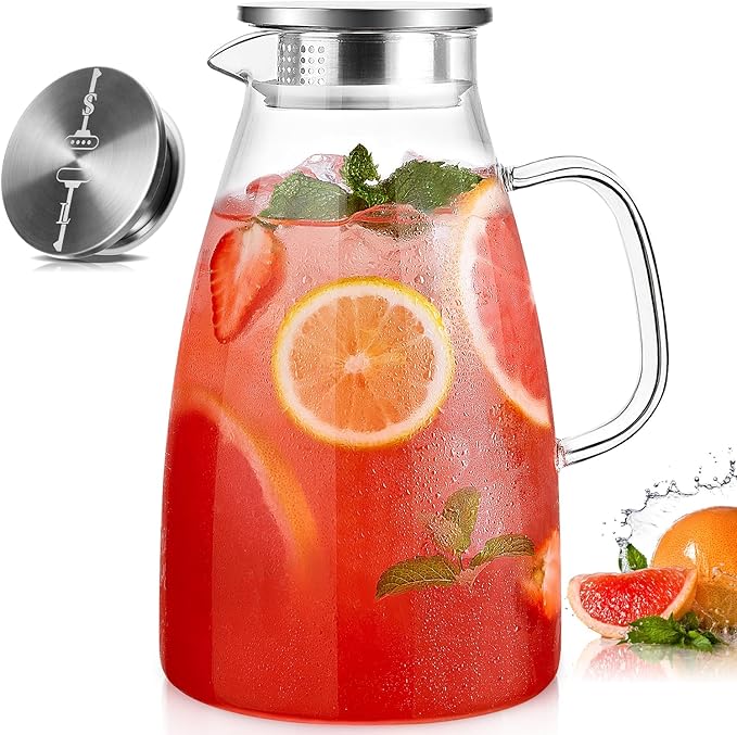 Glass Pitcher with Lid, 3 Liter 100oz Water Pitcher with Handle and Spout