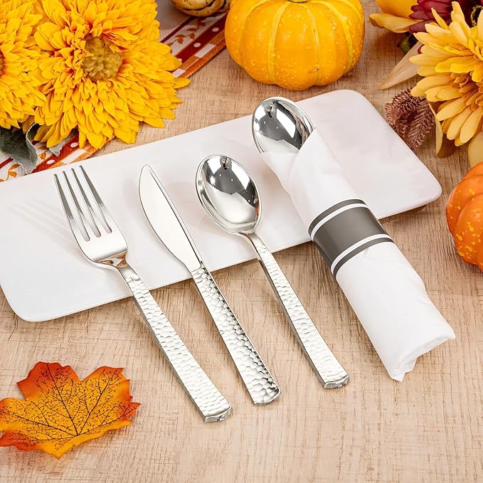 WELLIFE 400PCS Silver Plastic Silverware, Pre Rolled Silverware Set Disposable,Plastic Cutlery Includes: 100 Forks, 100 Knives, 100 Spoons, 100 Napkins, Cutlery Set Disposable