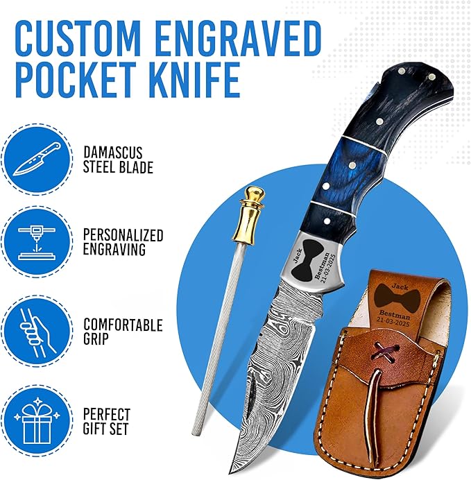 Set of 5 - Personalized Damascus Pocket Knife for Groomsmen -With Leather Sheaths - Custom Engraved Pocket Knives | Groomsman Gifts for Wedding, Groomsmen Proposal Gifts