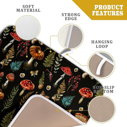 Mushroom Forest Dish Drying Mat Fern Leaves Black Drainer Mat