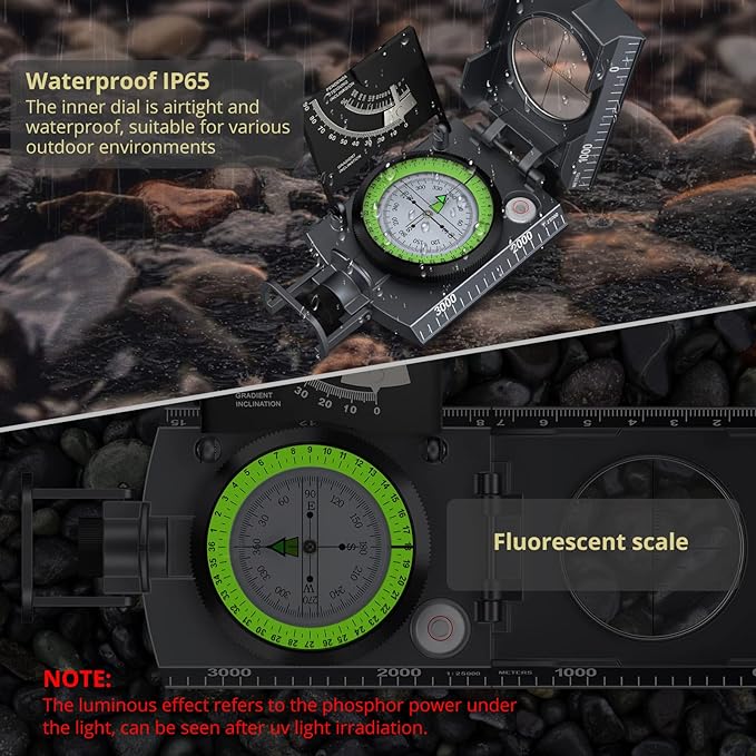 Compass Hiking Survival, IP65 Waterproof Metal Compass with Sighting Clinometer and Carry Bag, Multifunctional, Professional, for Camping Hunting Hiking Navigation