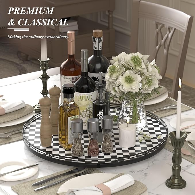 21" Black and White Kitchen Lazy Susan Turntable, Round Checkered Decorative