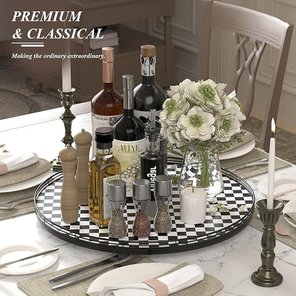 21" Black and White Kitchen Lazy Susan Turntable, Round Checkered Decorative