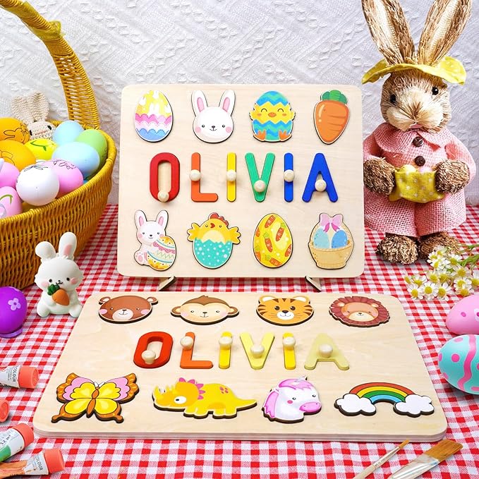 Name Puzzle for Kids Personalized - 1 Year Old Girl Gifts - Personalized Birthday Baby Gifts Toys for 1-3 Year Old Girls Boys Kids - Wooden Puzzle Engraved Text Blessing - Toddler Learning Toys