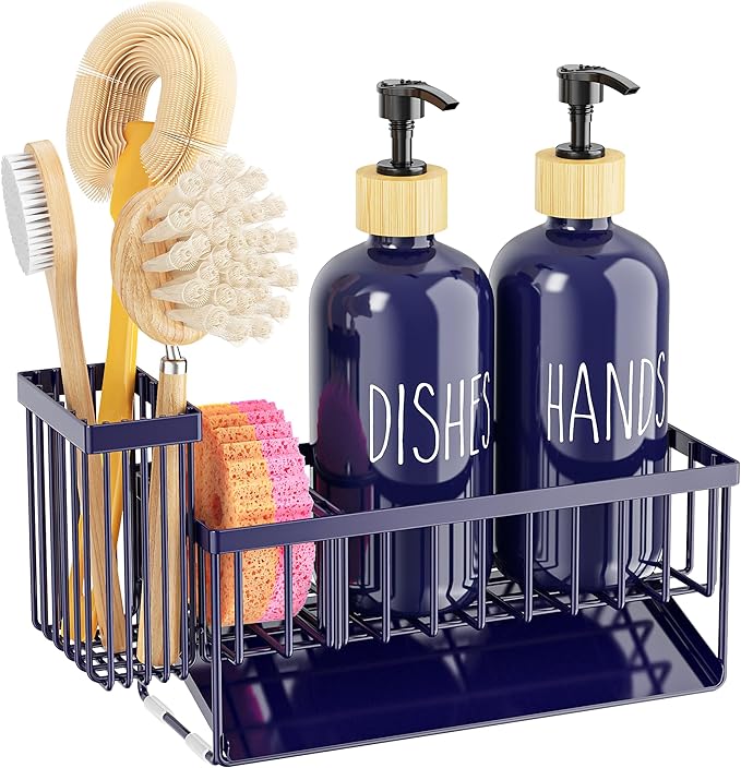 Cisily Navy Blue Kitchen Dish Soap Dispenser, 16 fl Oz Dual Kitchen Soap