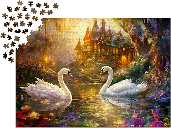1000 Pieces Jigsaw Puzzle for Adults – Matte Finish, Soft Touch, Easy to Assemble, Tight Fit, Vivid Colors, Missing Pieces Service – Swans Flower Pond and Fantasy Forest House by ENJOY Puzzle