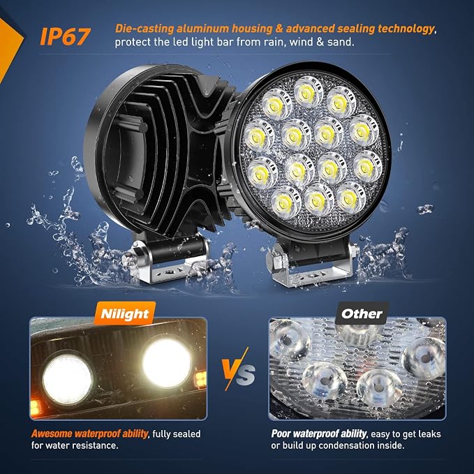 Nilight LED Pods 4Pcs 4.5Inch 42W Round Flood Off Road Fog Lights Driving Roof Light Bar Work Lighting 4200LM with 16AWG Wiring Harness Kit-4 Leads for Truck ATV UTV SUV Boat