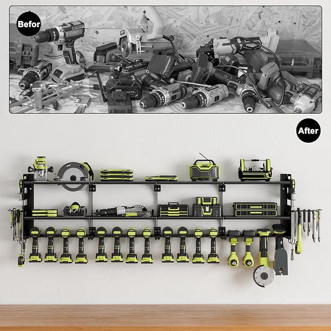 64" Power Tool Organizer Wall Mount, 16 Slots, 3-Tier Drill & Cordless Tool