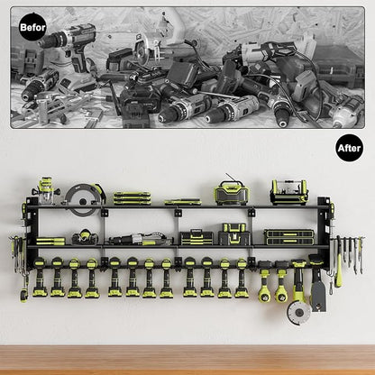 64" Power Tool Organizer Wall Mount, 16 Slots, 3-Tier Drill & Cordless Tool