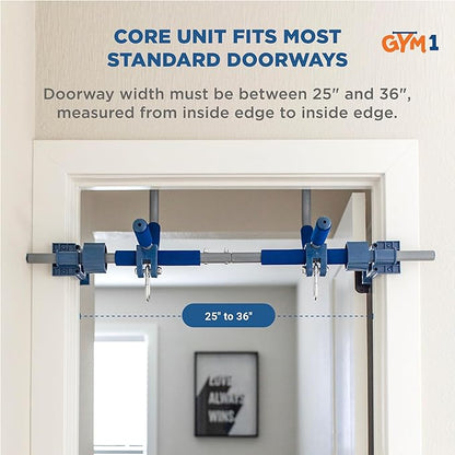 Gym1 Indoor Doorway Gym for Kids & Adults - 4-Piece, Blue - Swing Set with Sensory Swing, Pull Up Bar & Grip Rings, Agility Ladder - 300 lb Capacity