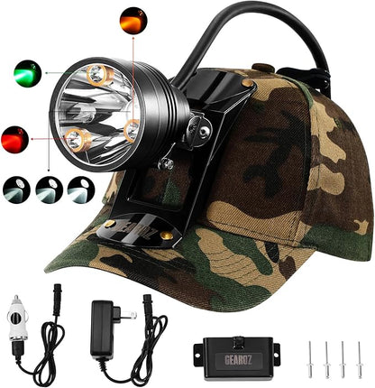 Coon Hunting Lights Headlamp for Coyotes Hog Predators, 10W Rechargeable & IPX5 Waterproof, 6 Lighting Modes, 45000LUX 4-Color LED (White Red Green Amber) with Camo Hunting Hat for Forehead