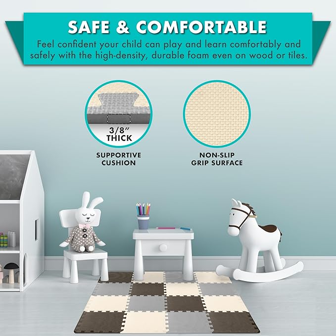 ProSource Foam Puzzle Floor Play Mat for Kids and Babies with Solid Colors, 36 or 16 Interlocking Tiles with Borders, Brown/Beige/Grey